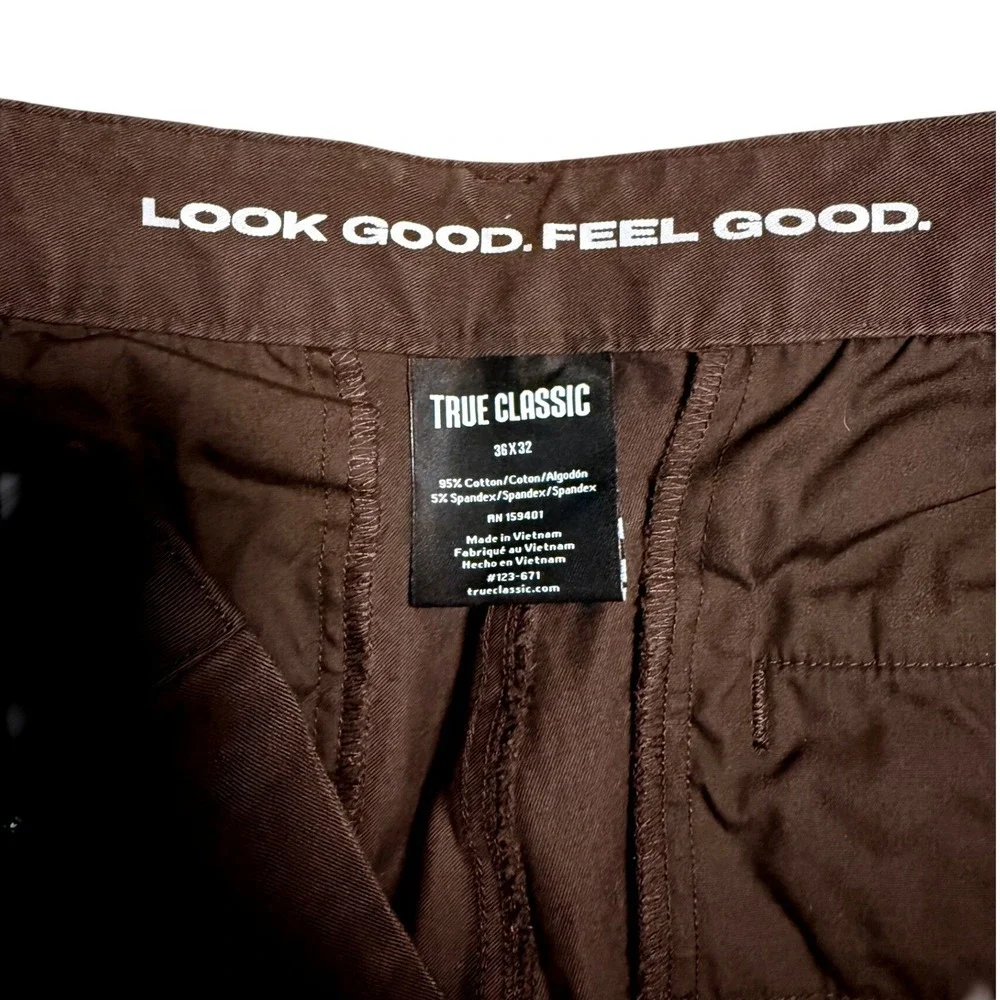 True Classic Mens Chino Pants 36x32 Brown Slim Fit Stretch Cotton Trousers